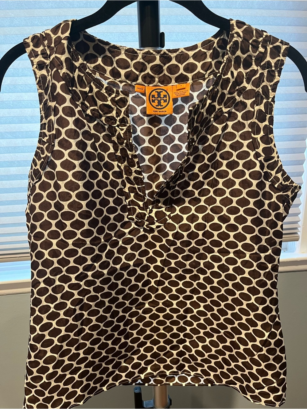 Tory Burch 100% Silk Brown Dot-Print Sleeveless V-Neck Top